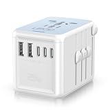 URJD Universal Travel Adapter with 5 USB Ports (3 USB C) & Multi AC Outlet, International Power Plug Adapter Worldwide Travel Wall Charger for Europe UK US AUS (Type C/G/A/I, White)