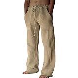 Puimentiua Cotton Linen Pants Men Casual Loose Fit Elastic Drawstring Waist Summer Beach Pants(Coffee,L)