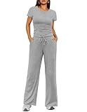 Ekouaer Women's 2 Piece Lounge Sets Ruched Short Sleeve Top and Wide Leg Pants Loungewear Tracksuit Sets with Pockets
