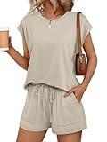 AUTOMET Womens Lounge Two 2 piece Sets Summer Outfits 2025 Loungewear Matching Beach Vacation Clothes Sweatsuits Sweat Pajamas Pjs Romper Top Shorts Fashion Trendy Travel Teen Clothing Khaki M