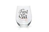 Parks and Recreation Treat Yo Self Stemless Wine Glass - 17-Ounce Drinking Goblet With Metallic Pink Script & Logo - Fun Novelty Comedy Television Show Glassware - Parks N Rec Office Wine Glasses