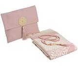 Prien Muslim Prayer Rug with Tasbih and Portable Bag, Muslim Gift for Women Men, Mubarak Islamic Box, Soft Mat Islam Gifts Set, Turkish Sajadah for Ramadan, Eid, Hajj, Travel, Pray (Powder Pink)
