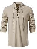 AIFARLD Men's Long Sleeve Shirts Retro Style Lace up for Medieval Viking Hippie Halloween Cosplay Pirate Renaissance Costume Khaki
