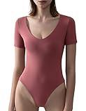 PUMIEY Bodysuit for Women Shorts Sleeve Body Suits Women Clothing V Neck T Shirts Sexy Tops Merlot X-Small