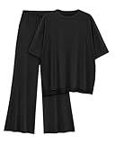 AmazingStar Womens Lounge Set 2 Piece Outfits Casual Loose Fit Short Sleeve Tops and Wide Leg Pants Tracksuits(Black, L)