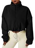 QINSEN Women's Full Zip Fleece Short Jacket Warm Winter Long Sleeve Stand Collar Sherpa Crop Coat Black S