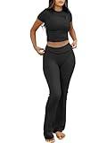 ANRABESS Lounge Sets for Women 2 Piece Foldover Yoga Flare Leggings Pants Crop Tops Casual Y2K Outfits Matching Tracksuit Set Black Medium