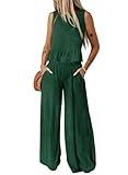 Dokotoo Summer Sets Women 2 Piece Outfits Sleeveless Matching Sets for Women Pleated Elastic Waist Long Pants Sets Dark Green Medium