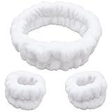 FROG SAC Puffy Spa Headband and Wristbands for Face Washing, Fuzzy Skincare Headbands for Women, Soft Makeup Skin Care Hair Accessories for Girls, Bubble Make Up Sleepover Party Supplies (White)