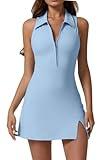 QINSEN Athletic Dress with Pockets Zip Front Polo Neck Tennis Dresses with Build in Shorts Light Blue M