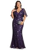 Ever-Pretty Women's V-Neck Curvy Embroidery Formal Dresses Plus Size Sequin Mother of The Bride Dresses Deep Purple US16