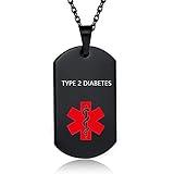 MZC Jewelry Black TYPE2 DIABETES Medical Alert Necklace for Men Women Stainless Steel Engraved Medical ID Tag Emergency Alert Identification Pendant