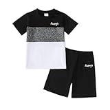 Yoxindax Toddler Kid Boy Clothes Colorblock Letter Graphic Tee Shorts 2PC Summer Outfit Set(5-6T)
