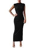 BTFBM Women's Ruched Bodycon Dress Summer Casual Sleeveless Back Slit Elegant Club Evening Party Cocktail Maxi Dresses(Black, Medium)