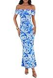 MEROKEETY Women's Summer Off Shoulder Floral Maxi Dress 2025 Formal Wedding Guest Cocktail Bodycon Dresses, Blue, Small