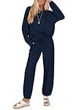KIRUNDO Lounge Sets for Women 2025 Fall Travel Airport Outfits Ribbed Knit Tops Jogger Pants Tracksuit Postpartum Comfy Set(Dark Blue, Medium)