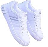 KRE Prime Men Sports Casual Breathable Leather White Flat Sneakers Shoes White-Silver/EUR 43