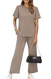 XIEERDUO 2 Piece Lounge Set for Women Summer Outfits Spring Short Sleeve Tracksuit Wide Leg Pants Matching Loungewear Sets Women's Track Suit Loose Fit Vacation Clothes Khaki XL