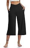 TARSE Womens Casual Wide Leg Yoga Capris Plus Crossover High Waist Capri Pants Loose Soft Pajama Pockets Sweatpants(Black,XL)