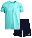 Reebok Boys Athletic Shorts Set - 2 Piece Summer Clothes Outfit with Pocket Tee and Boys Running Shorts for Active Kids, Size 5-6, Aqua