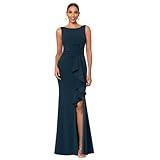 Betsy & Adam Women's Petite Long Sleeveless Boat Neck Ruffle Side Slit Scuba Crepe Gown, Pine, 8P