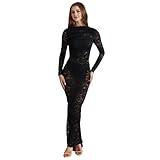 JUMISEE Women's See Through Lace Long Sleeve Maxi Dress Sexy Ruched Backless Bodycon Cocktail Dress Party Evening Gown Black