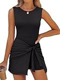 ANRABESS Women Tennis Dress Built in Shorts Summer Sleeveless Bodycon Tie Cinched Waist Workout Athletic Romper Skort Dresses Black Large