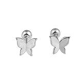 18G Tiny Butterfly Cartilage Stud Earrings S925 Sterling Silver Minimalist Tragus Helix Barbell Bar Labret Studs Earring Screw Back Piercing Jewelry Gifts for Women Sensitive Ears (White Gold)