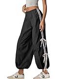 OPCAKM Women's Baggy Pants Elastic Waist Striped Track Sweatpants Parachute Pants(Black-XS)