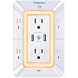 USB Wall Charger, Surge Protector, POWRUI 6-Outlet Extender with 2 USB Charging Ports (2.4A Total) and Night Light, 3-Sided Power Strip with Adapter Spaced Outlets - White，ETL Listed