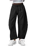 SeekMe Women's Barrel Leg Sweatpant Drawstring Elastic Waisted Wide Leg Pants Casual Cotton Palazzo Trousers with Pockets (0009-Black-M)