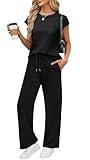 WIHOLL Workout Sets for Women 2 Piece Travel Airport Outfits on Plane Summer Business Casual Loungewear Ladies Cap Sleeve Wide Leg Pants Comfy Sets Resort Wear for Womens 2025 Clothing Black M