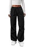 COPYLEAF Cargo Pants Women Elastic Waisted Parachute Hiking Pants with Pockets Water-Resistant Lightweight Baggy Pants(Black XL)
