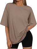 AUTOMET Womens Oversized T Shirts Workout Plus Size Short Sleeve Tops Casual Loose Basic Tees Summer Trendy Outfits 2025 Khaki L