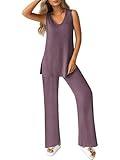 Ekouaer Women's 2 Piece Lounge Set 2025 Summer Matching Sets Sleeveless V-neck Tank Top Long Pants Pajamas Knit Outfits,Dark Purple,M