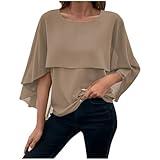 Womens Dressy Casual Chiffon Blouses Summer Trendy Elegant Layered Tops Fashion Crewneck Batwing Sleeve Shirts Khaki