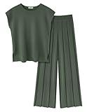 Ekouaer Lounge Sets for Women Two Piece Outfits Knit Cap Sleeve Tops Wide Leg Pleated Pants Casual Dressy Sweater Sets Dark Green
