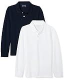 Amazon Essentials Boys' Long-Sleeve Pique Polo Shirts, Pack of 2, Navy/White, Medium