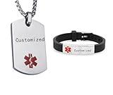 Personalized Type 1 Diabetic Insulin Dependent Medical Alert Dog Tag ID Pendant Caduceus Necklace Set Adjustable Silicone Medical ID Health Alert Monitoring Systems Jewelry Sets for Men Women