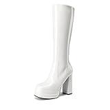 DREAM PAIRS Women's Platform Heeled Knee High Boots, Long Chunky Tall Gogo Boots for Fall,Size 10,White-PAT,SDKB2306W