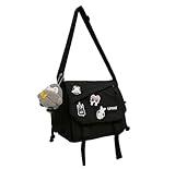 Inshere Aesthetic Crossbody Bag with Cute Pins and Ornament, Casual Shoulder Messenger Bag Japanese Kawaii Bag for Women Men (Black)