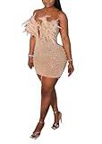 LROSEY Summer Sexy Birthday Dresses for Women See Through Feather Rhinestone Mini Dress for Club Event Party Homecoming Apricot