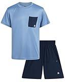 RBX Boys Athletic Shorts Set - 2 Piece Active Short Sleeve Shirt and Woven Performance Running Tech Shorts for Boys (4-12), Size 10, Light Blue Navy