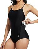 baleaf Women's Zipper Pockets One Piece Swimsuits Athletic Training Adjustable Strap Bathing Suits Racerback Swimwear Black 36