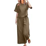 Two Piece Sets for Women Summer Short Sleeve Trendy Tops Wide Leg Flowy Pants Cotton Linen Lounge Outfits Beach Vacation Fashion Clothes Khaki Pjs Sets for Women Small
