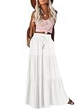 HAEOF Women's Summer Boho Elastic High Waist Maxi Skirt A-Line Flowy Swing Ruffle Tiered Long Beach Skirts with Pockets(White, S)