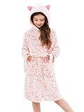 Doctor Unicorn Soft Hooded Rainbow Bathrobe Sleepwear for Girls (Pink cat, 7-9 Years)