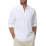 VANCOOG Men's Cotton Linen Shirts Long Sleeve Banded Collar Casual Hippie Beach Henley Tshirt White XS
