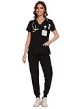 COZYFIT Scrubs for Women - V-Neck Top & Cargo Pants Scrubs Set with 10 Pockets - Black, M