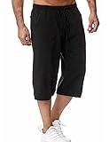 HangNiFang Men's Long Linen Shorts Below Knee Pocketed 3/4 Summer Drawstring Capri Pant(0131-Black-S)